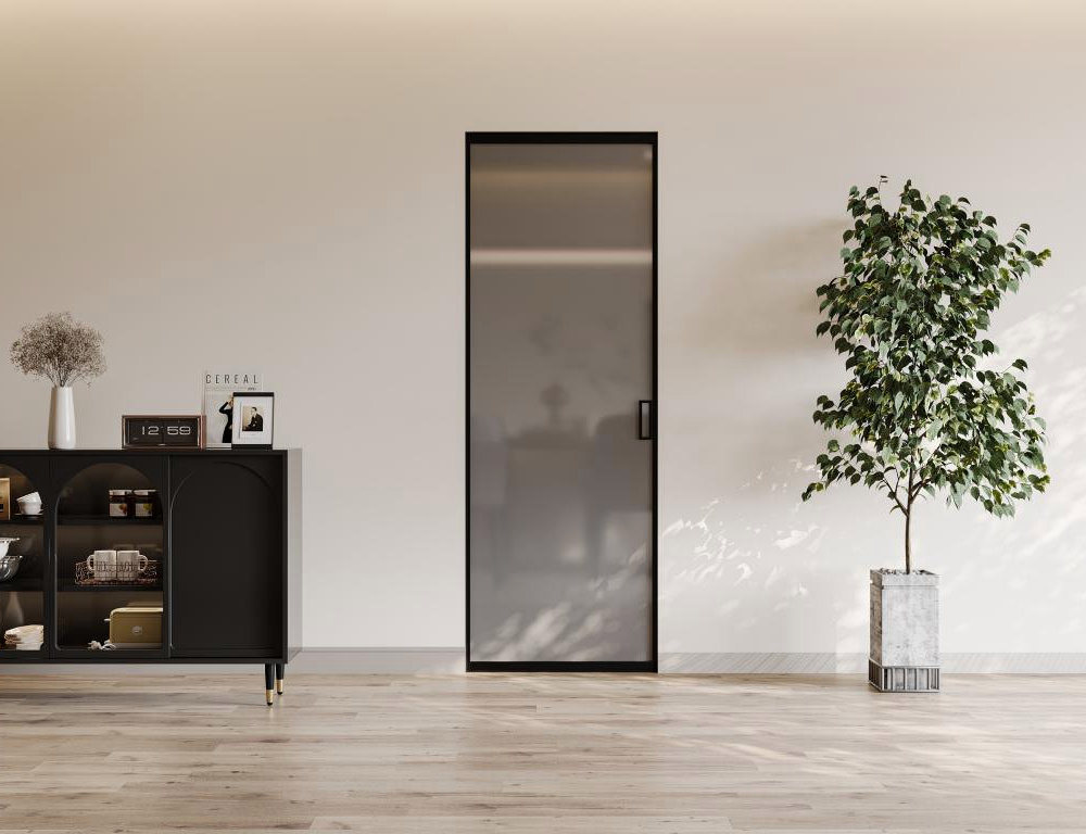 Puerta corredera con riel - aluminio y vidrio templado ahumado - Alt. 205 x Ancho 73 cm Domiona-domiona