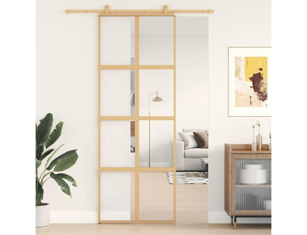 Puerta corredera dorada 76x205 cm cristal transparente y aluminio Domiona-domiona