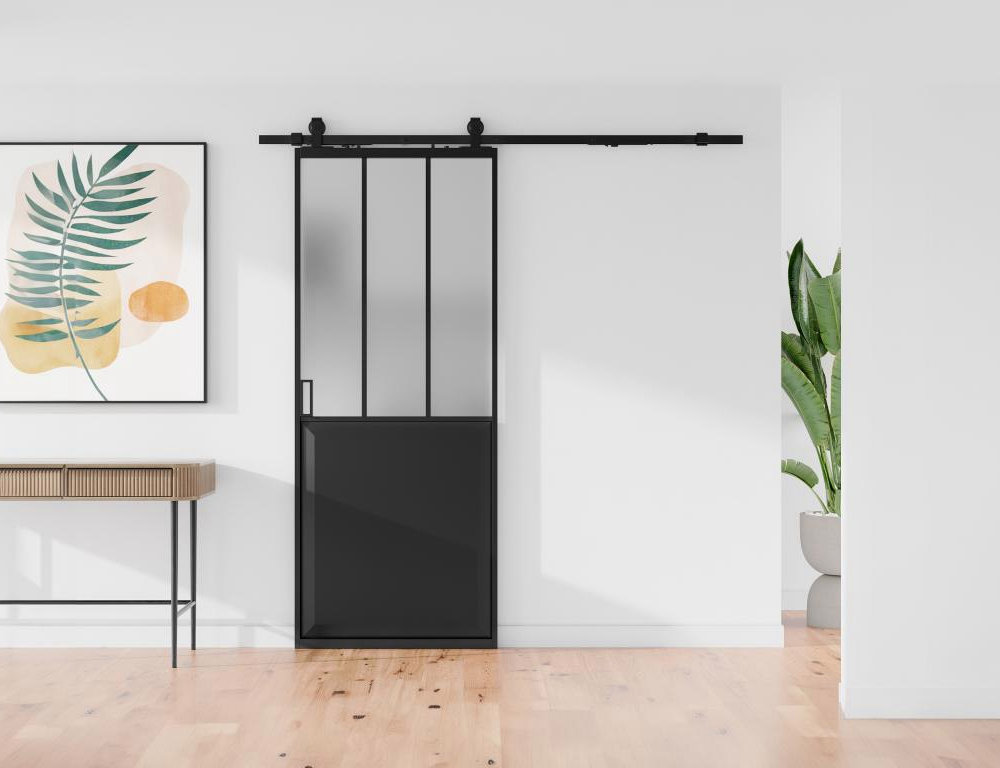 Puerta corredera para taller con riel - Negro y vidrio templado esmerilado - Alt. 205 x Ancho 73 cm Domiona-domiona