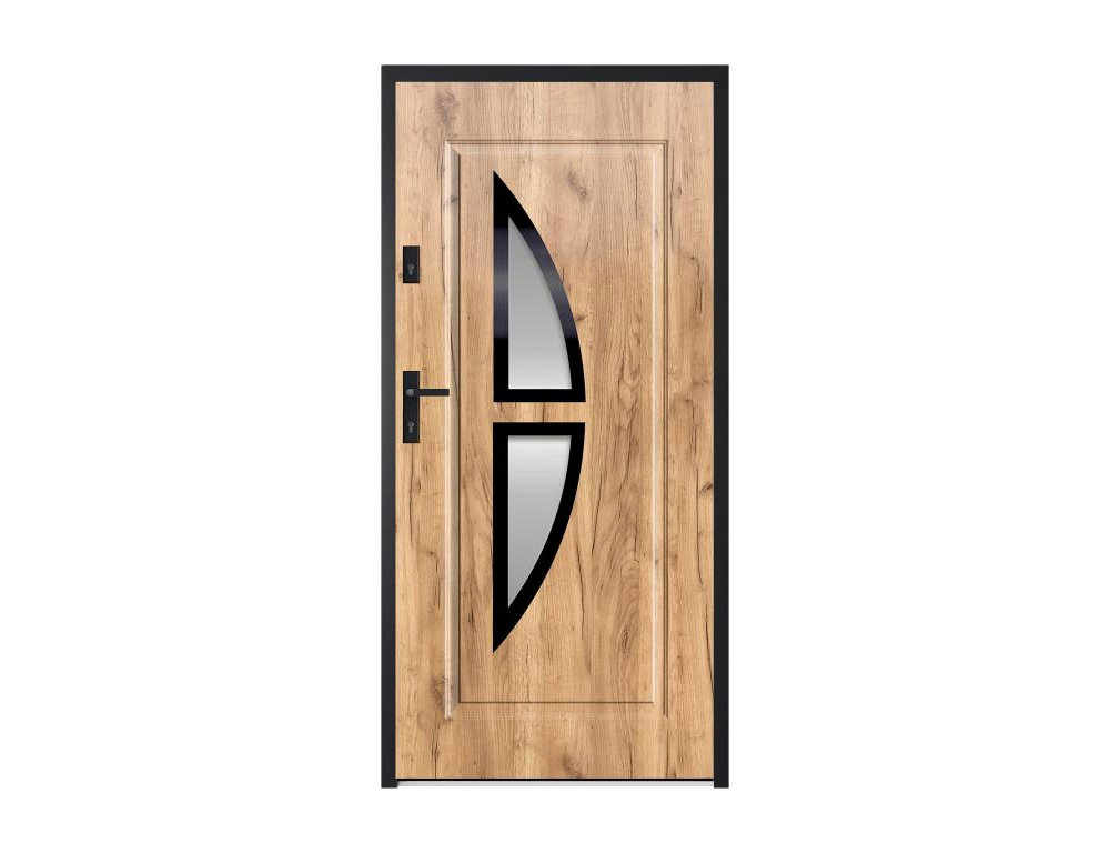 Puerta de entrada de acero con vidrio y acero inoxidable Alt. 207 x Ancho 100 cm efecto roble - apertura hacia la derecha Domiona-domiona