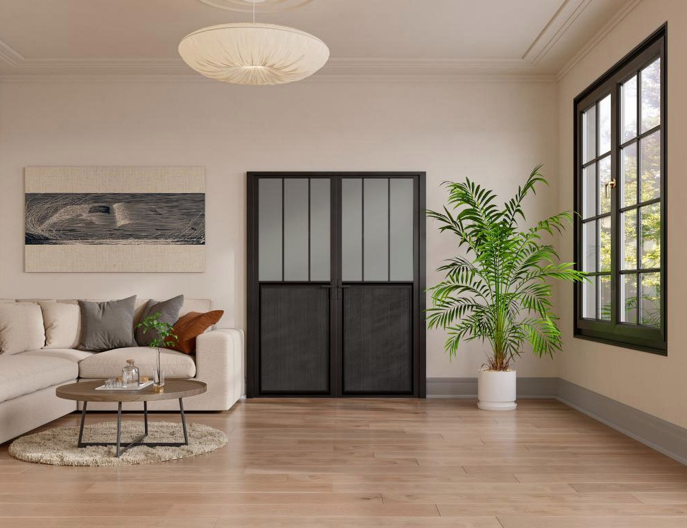 Puerta reversible de dos hojas de aluminio y vidrio templado esmerilado tipo taller - 2 x Alt. 204 x L83 cm - Negro Domiona-domiona