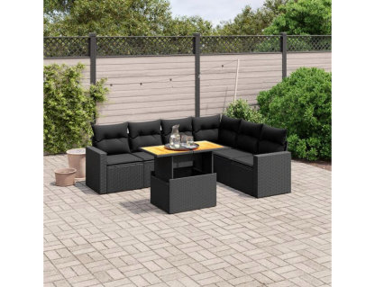 Set de comedor de jardín 7 piezas y cojines ratán sintético negro Domiona-domiona