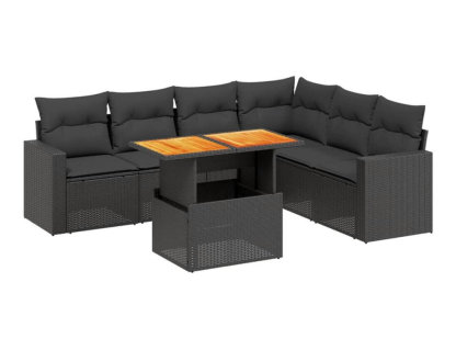 Set de comedor de jardín 7 piezas y cojines ratán sintético negro Domiona-domiona