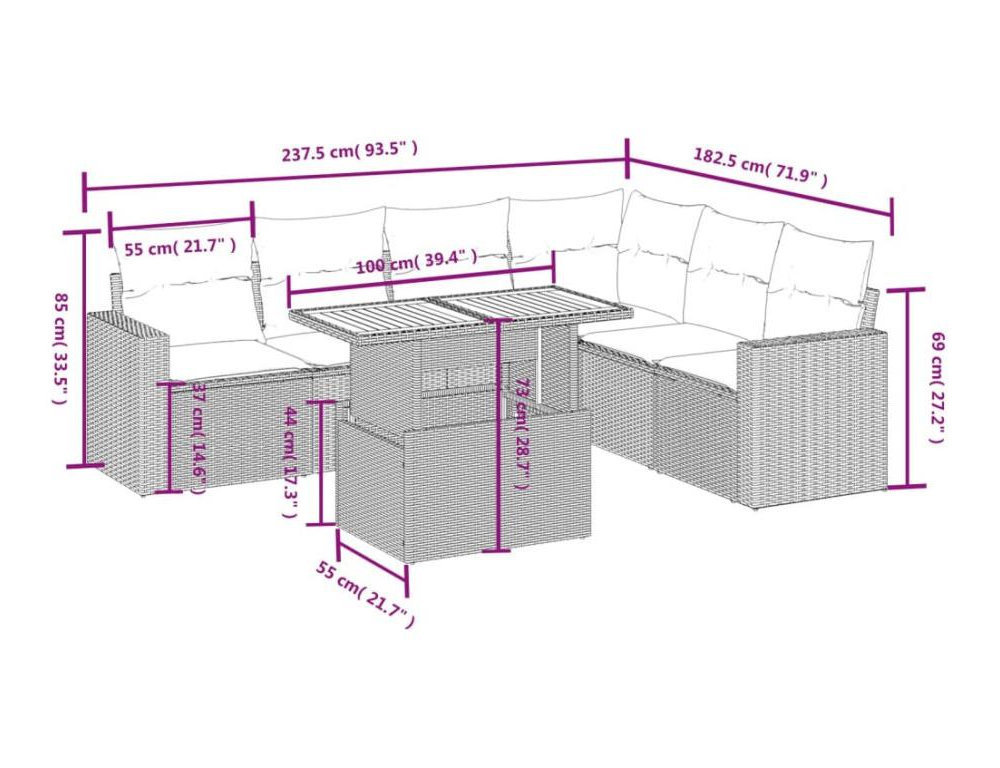 Set de comedor de jardín 7 piezas y cojines ratán sintético negro Domiona-domiona