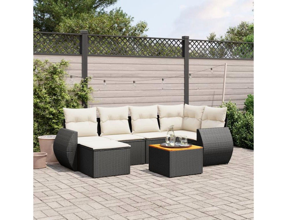 Set de comedor de jardín 7 piezas y cojines ratán sintético negro Domiona-domiona
