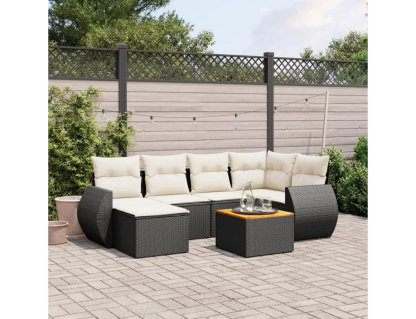 Set de comedor de jardín 7 piezas y cojines ratán sintético negro Domiona-domiona