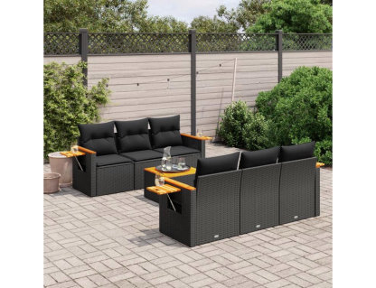 Set de comedor de jardín 7 pzas y cojines ratán sintético negro Domiona-domiona