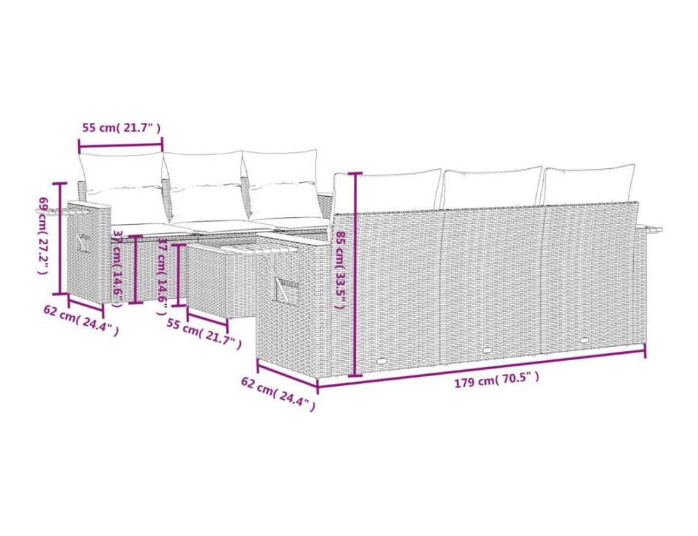 Set de comedor de jardín 7 pzas y cojines ratán sintético negro Domiona-domiona