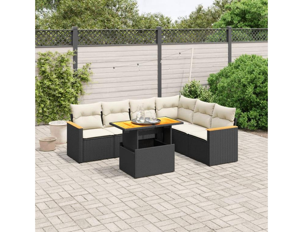Set de comedor de jardín 7 pzas y cojines ratán sintético negro Domiona-domiona