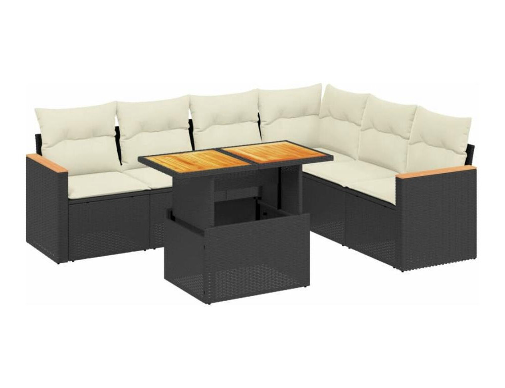 Set de comedor de jardín 7 pzas y cojines ratán sintético negro Domiona-domiona