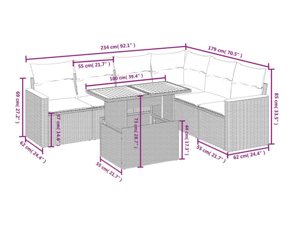Set de comedor de jardín 7 pzas y cojines ratán sintético negro Domiona-domiona