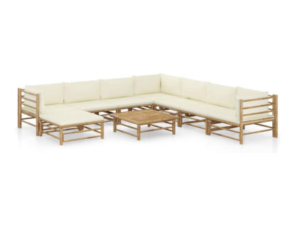 Set de muebles de jardín 9 piezas bambú y cojines blanco crema Domiona-domiona