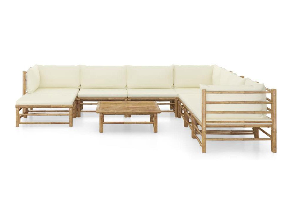 Set de muebles de jardín 9 piezas bambú y cojines blanco crema Domiona-domiona