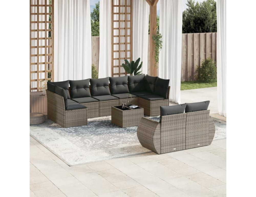 Set de sofás de jardín 10 pzas con cojines ratán sintético gris Domiona-domiona