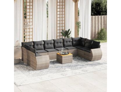Set de sofás de jardín 11 pzas y cojines ratán sintético gris Domiona-domiona
