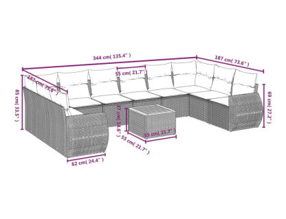 Set de sofás de jardín 11 pzas y cojines ratán sintético gris Domiona-domiona