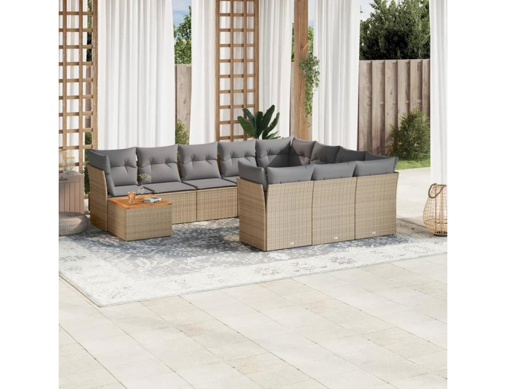 Set de sofás de jardín 11piezas con cojines ratán sintético beige Domiona-domiona