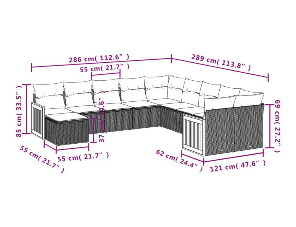 Set de sofás de jardín 11pzas con cojines ratán sintético beige Domiona-domiona