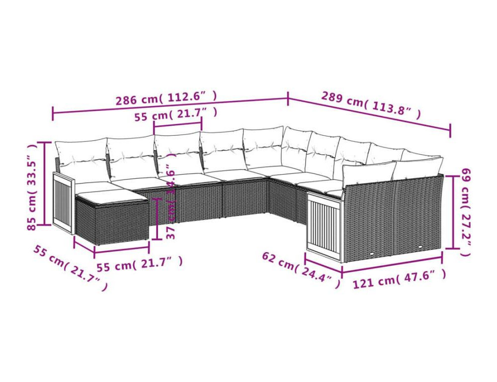 Set de sofás de jardín 11pzas con cojines ratán sintético beige Domiona-domiona