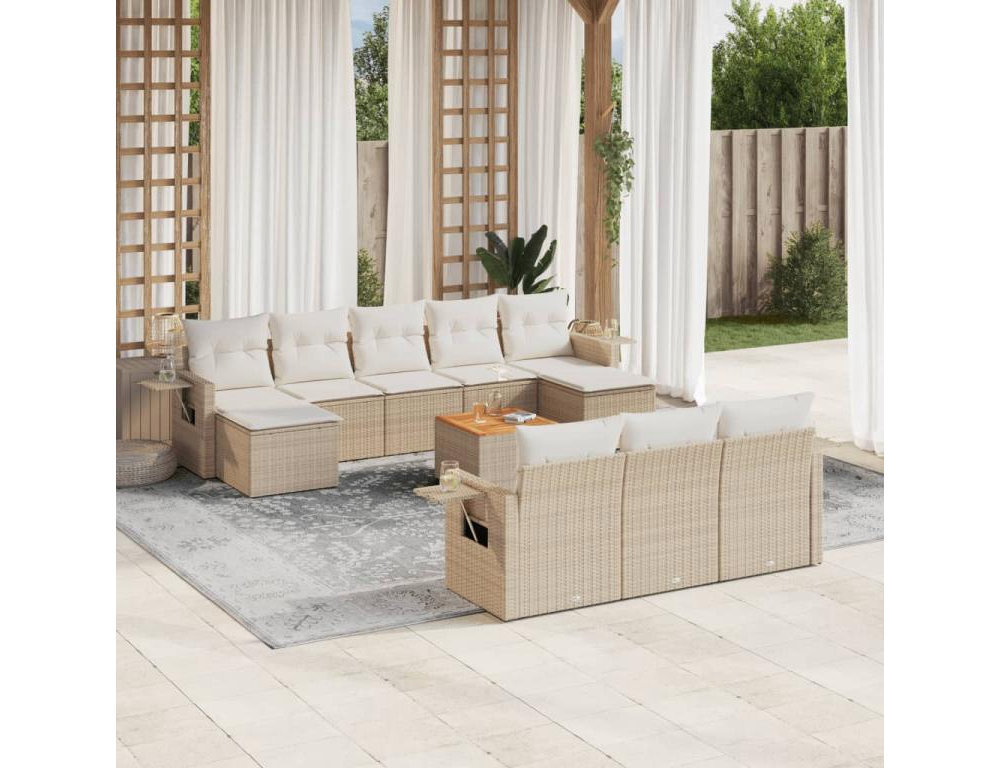 Set de sofás de jardín 11pzas con cojines ratán sintético beige Domiona-domiona