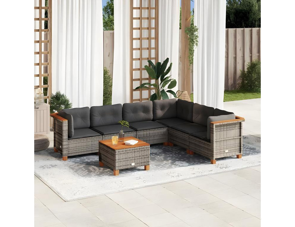 Set de sofás de jardín 7 pzas con cojines ratán sintético gris Domiona-domiona