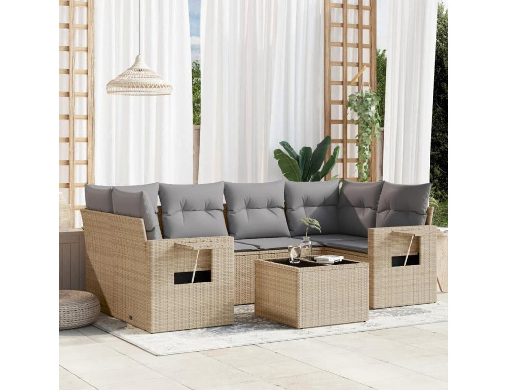 Set sofás de jardín 7 piezas y cojines ratán sintético beige Domiona-domiona