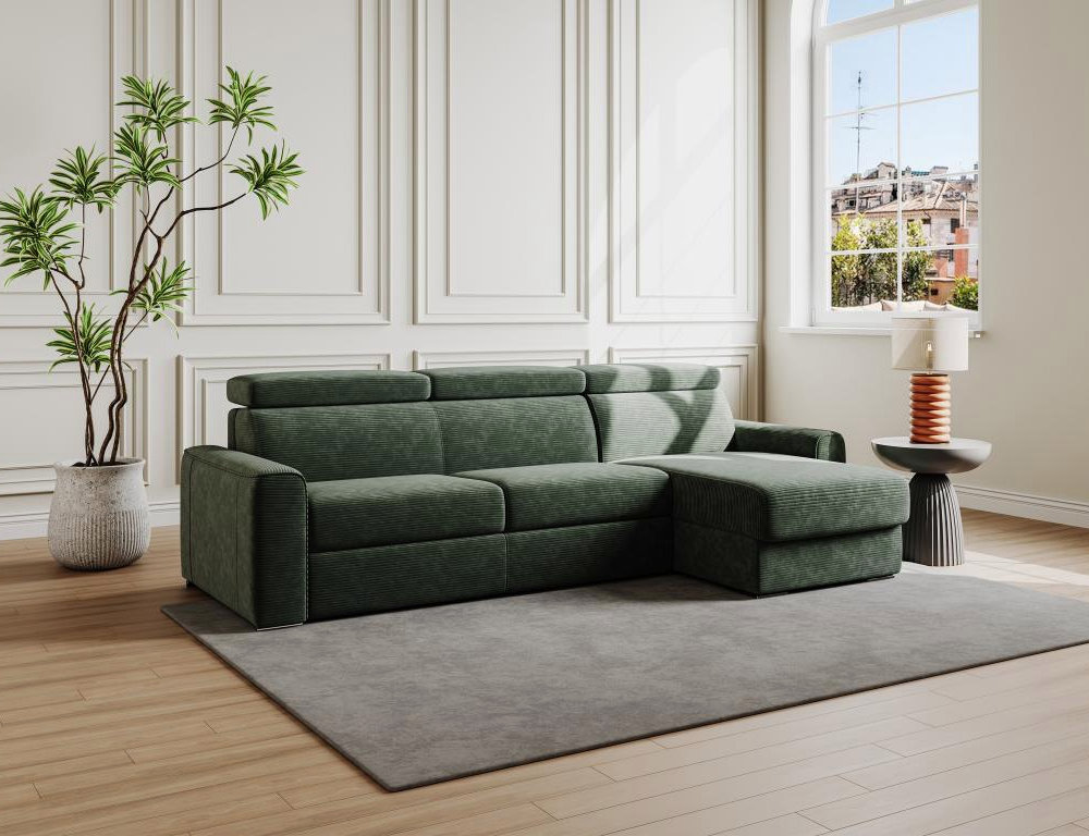 Sofá cama esquinero reversible tipo italiano de pana verde - Láminas anchas de 160 cm - Colchón de 22 cm Domiona-domiona