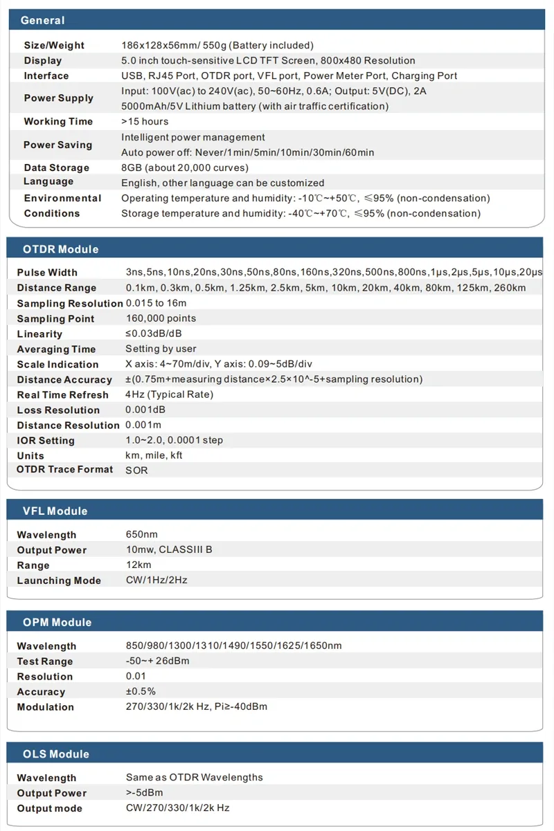 FC1300 Fiber & Copper Multimeter with Auto OTDR Expert OTDR Event Map Optical Power Meter Optical Light Source Insertion Loss Visual Fault Locator RJ45 Cable Tracking RJ45 Cable Sequence RJ45 Cable Length Space Distance LED Light