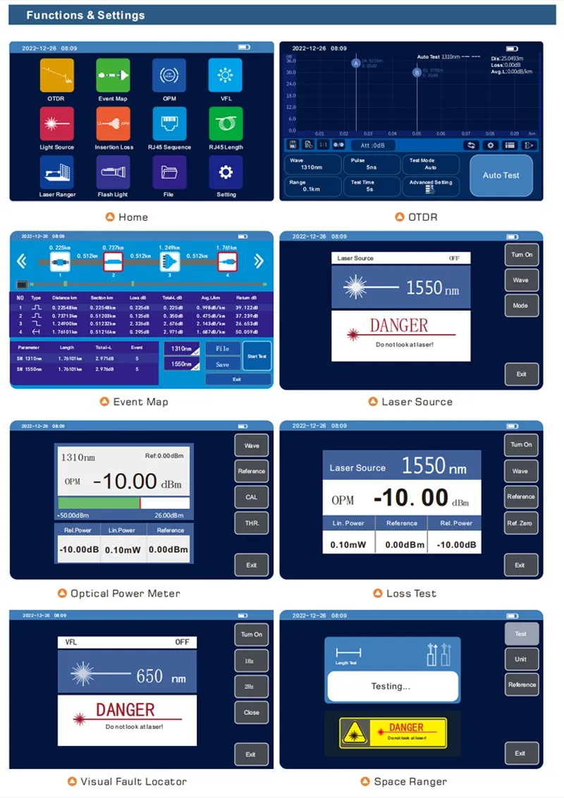 FC1300 Fiber & Copper Multimeter with Auto OTDR Expert OTDR Event Map Optical Power Meter Optical Light Source Insertion Loss Visual Fault Locator RJ45 Cable Tracking RJ45 Cable Sequence RJ45 Cable Length Space Distance LED Light