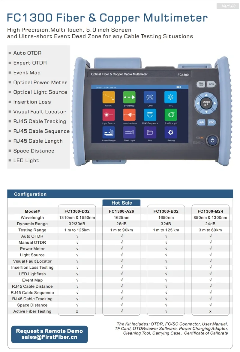 FC1300 Fiber & Copper Multimeter with Auto OTDR Expert OTDR Event Map Optical Power Meter Optical Light Source Insertion Loss Visual Fault Locator RJ45 Cable Tracking RJ45 Cable Sequence RJ45 Cable Length Space Distance LED Light