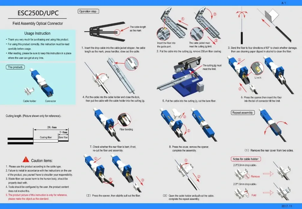 ESC25D-UPC SC/UPC Fast Connector for 2x3mm Drop Cable and 1.6x2mm Drop Cable FTTH Fiber Optic Field Assembly  Connector