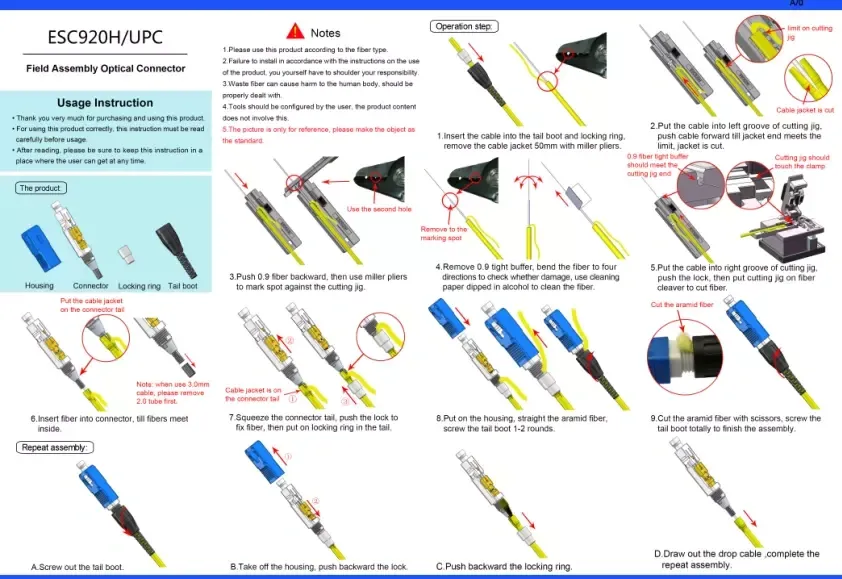 ESC920H SC/UPC Fast Connector for 3.0mm 2.0mm and 0.9mm Indoor Cable Fiber Optic Field Assembly Connector