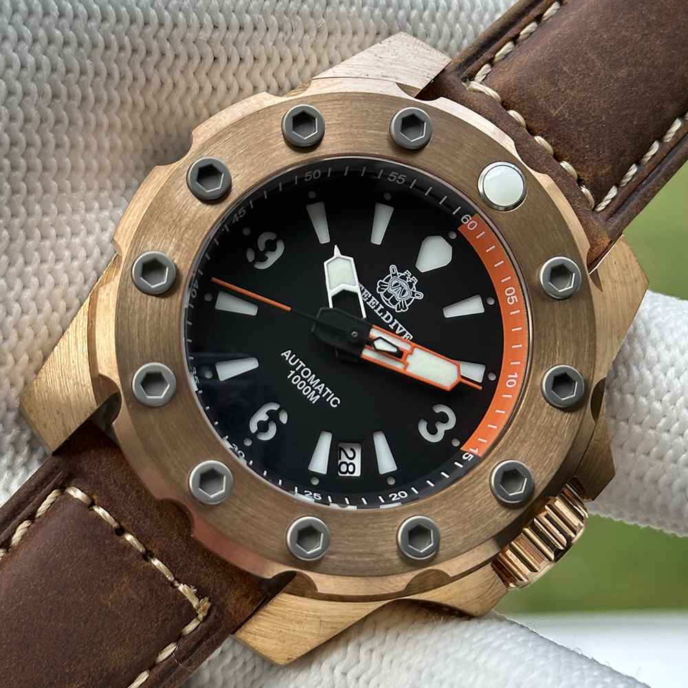 STEELDIVE Official SD1948S 44.5mm Solid Bronze Case Japan NH35 Automatic Dive Watch on Leather Strap with Bronze Buckle