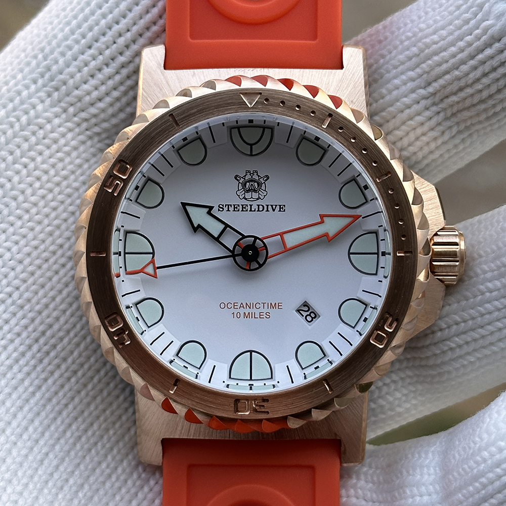 STEELDIVE Official SD1982S White Dial 56MM Solid Bronze Case NH35 Automatic Mens Sapphire Glass Dive Watch 