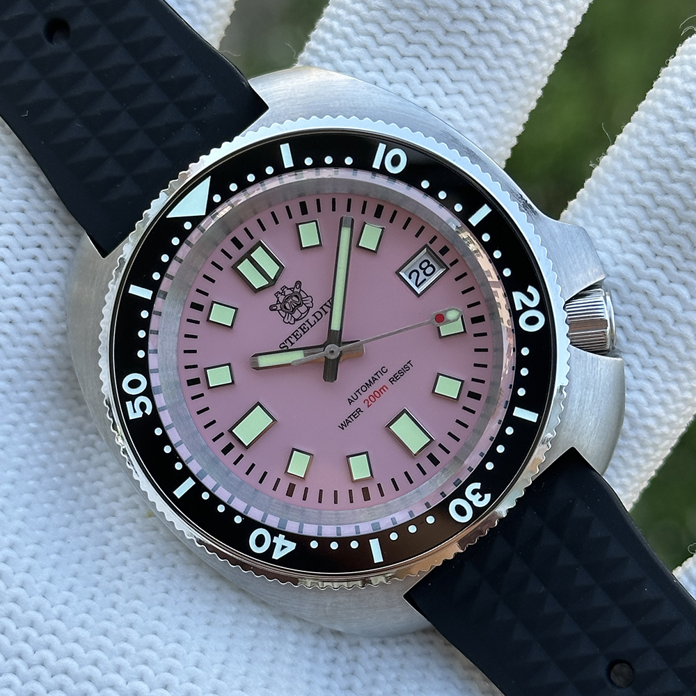 STEELDIVE Official SD1974 Pink Dial 43.8mm Luminous Ceramic Bezel Insert 200M Sapphire Glass NH35 Automatic Mens Dive Watch