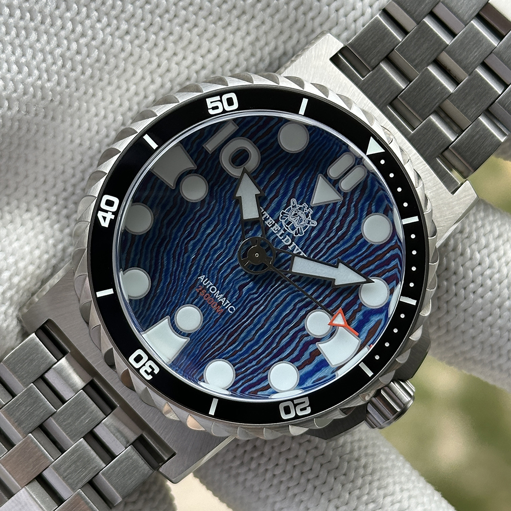STEELDIVE Official SD1982T Titanium Damascus Dial Super Luminous 46.5MM Overs Size Thick Case NH35 Automatic Dive Watch For Men