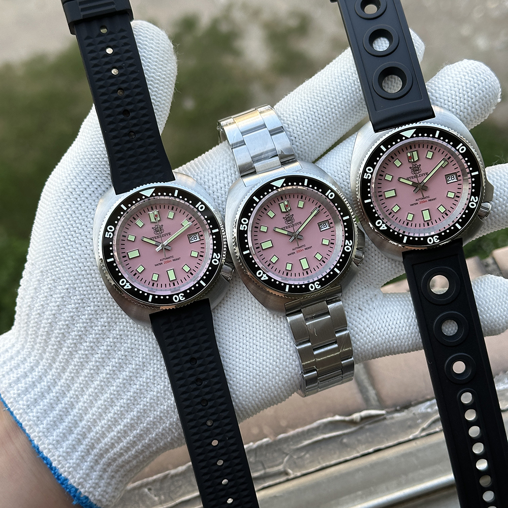 STEELDIVE Official SD1974 Pink Dial 43.8mm Luminous Ceramic Bezel Insert 200M Sapphire Glass NH35 Automatic Mens Dive Watch