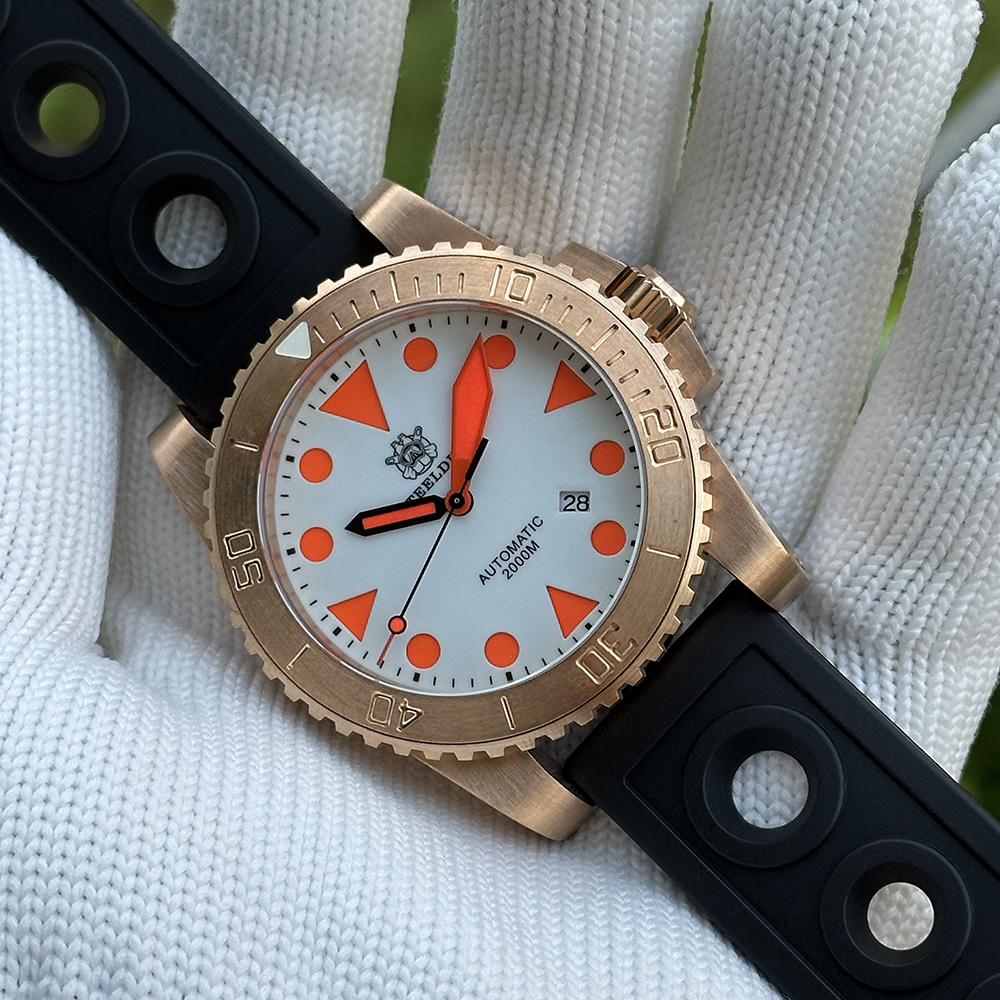 STEELDIVE Official SD1987S White Dial Orange Luminous 46.5MM Solid Bronze Case Sapphire Glass Mens NH35 Automatic Dive Watch