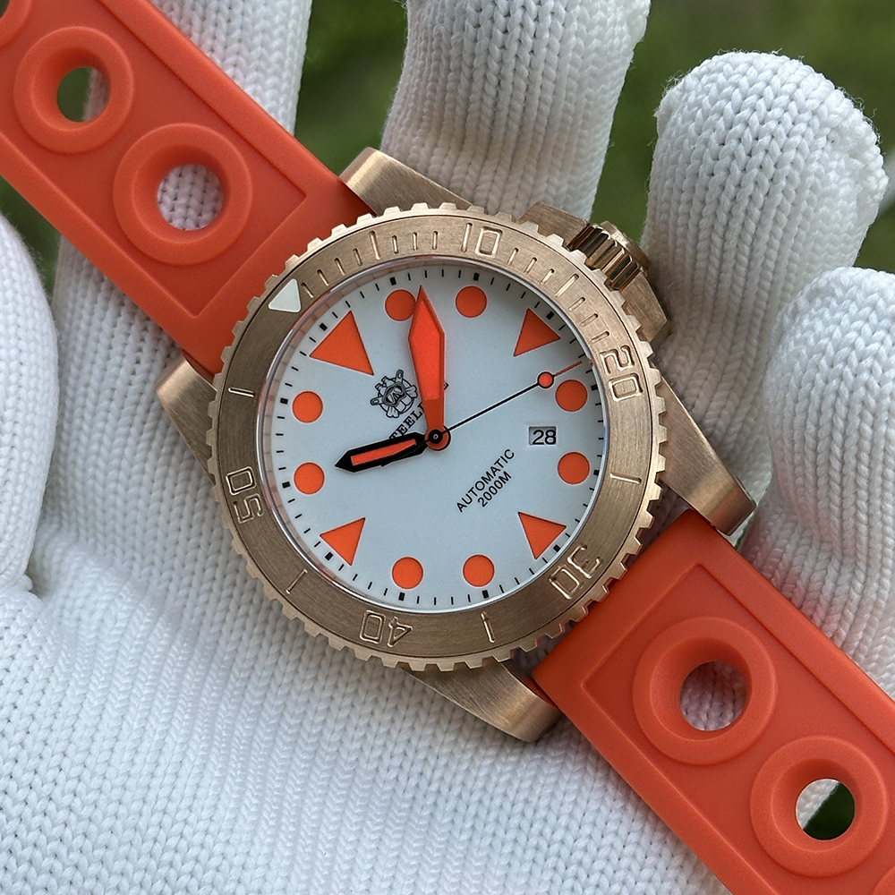 STEELDIVE Official SD1987S White Dial Orange Luminous 46.5MM Solid Bronze Case Sapphire Glass Mens NH35 Automatic Dive Watch