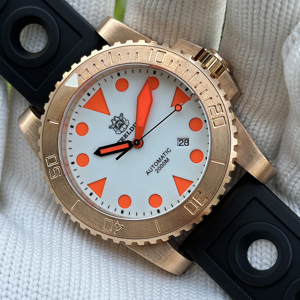 STEELDIVE Official SD1987S White Dial Orange Luminous 46.5MM Solid Bronze Case Sapphire Glass Mens NH35 Automatic Dive Watch