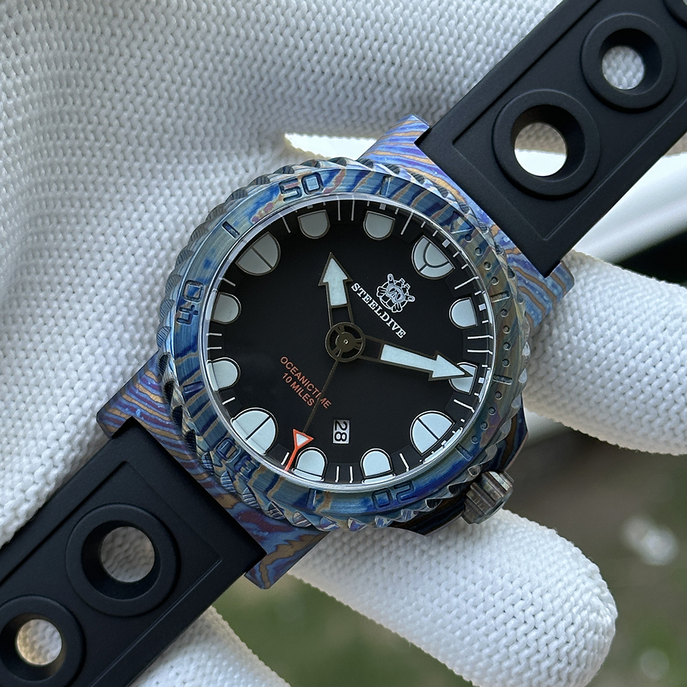 STEELDIVE Official SD1982Y 46.5MM Titanium Damascus Unique Design NH35 Automatic Dive Watch Sapphire Glass