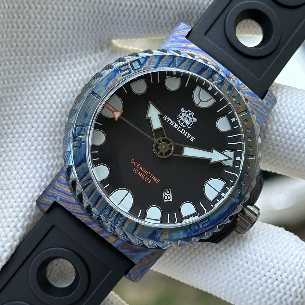 STEELDIVE Official SD1982Y 46.5MM Titanium Damascus Unique Design NH35 Automatic Dive Watch Sapphire Glass