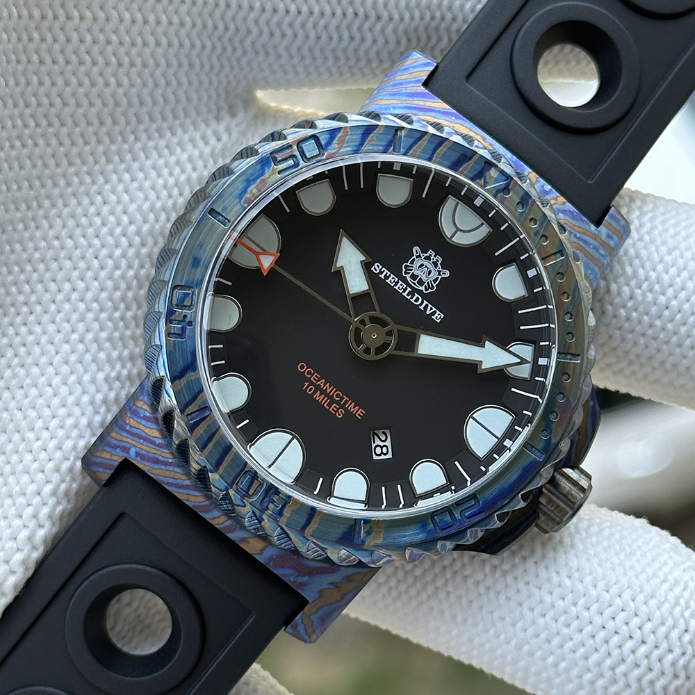 STEELDIVE Official SD1982Y 46.5MM Titanium Damascus Unique Design NH35 Automatic Dive Watch Sapphire Glass