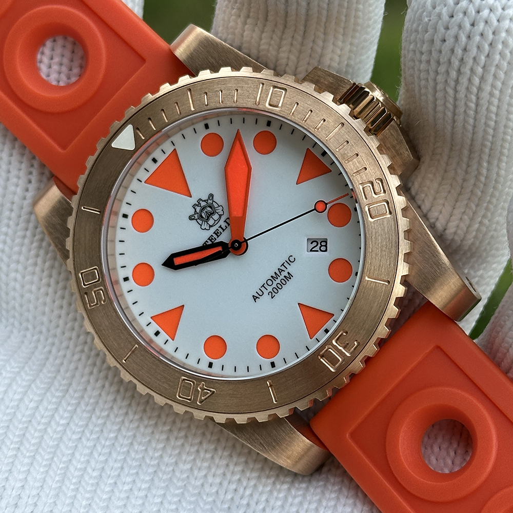 STEELDIVE Official SD1987S White Dial Orange Luminous 46.5MM Solid Bronze Case Sapphire Glass Mens NH35 Automatic Dive Watch
