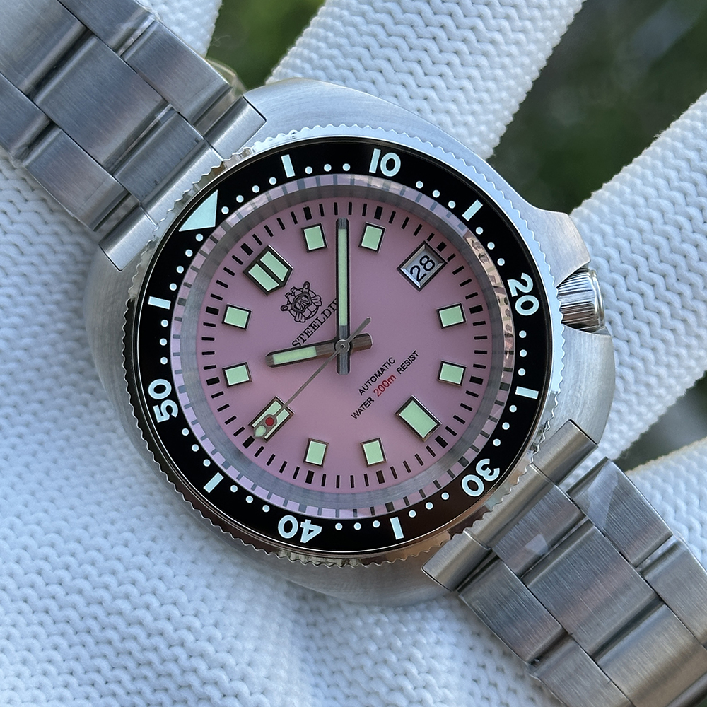 STEELDIVE Official SD1974 Pink Dial 43.8mm Luminous Ceramic Bezel Insert 200M Sapphire Glass NH35 Automatic Mens Dive Watch