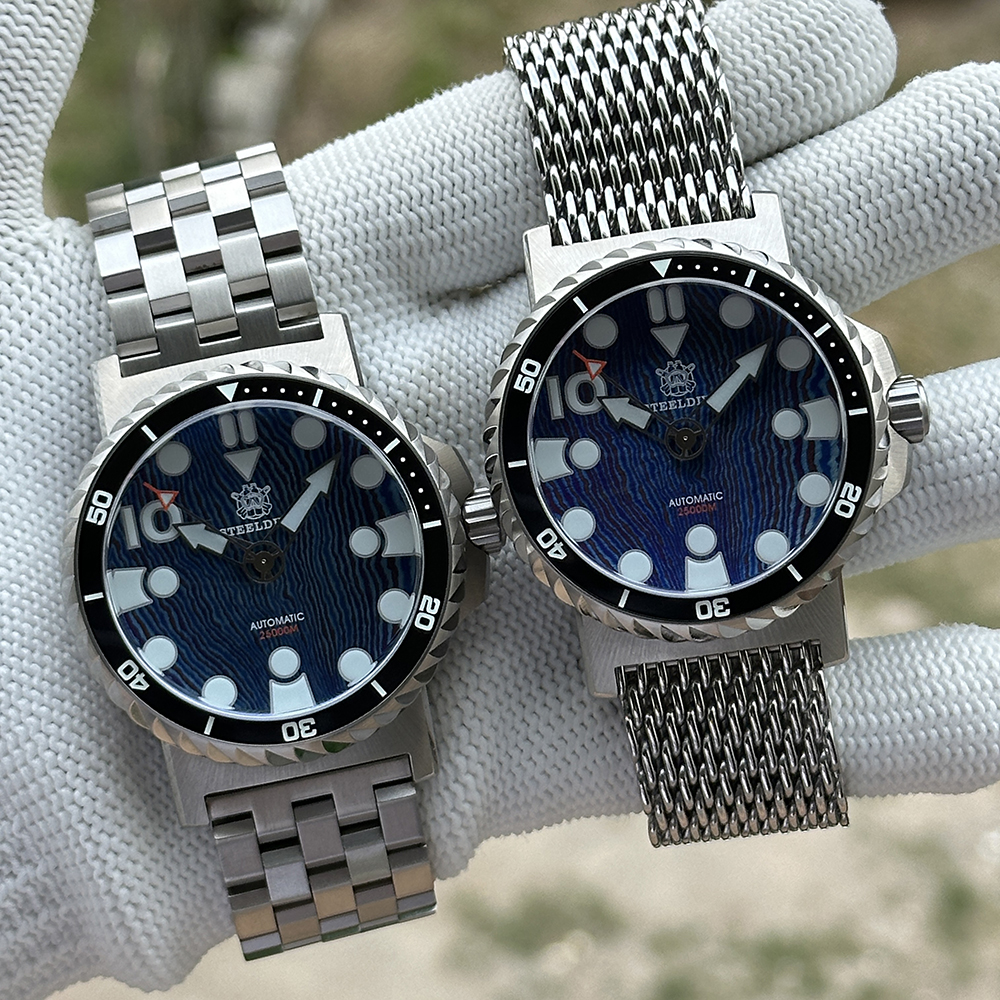 STEELDIVE Official SD1982T Titanium Damascus Dial Super Luminous 46.5MM Overs Size Thick Case NH35 Automatic Dive Watch For Men