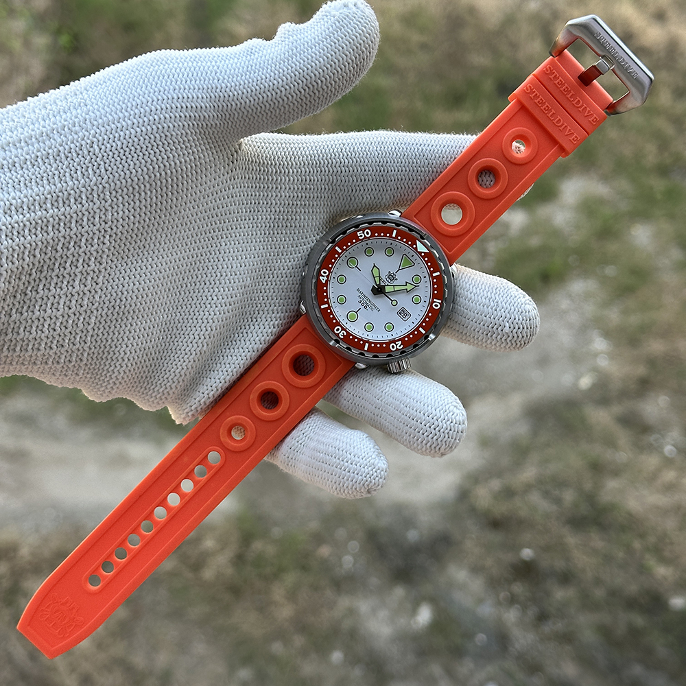 STEELDIVE Official SD1975N White Dial Orange Bezel Dive Watch On Rubber Strap