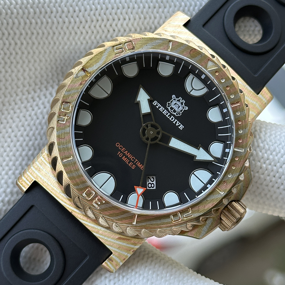 STEELDIVE Offiical SD1982Z 46.5mm Bronze Damascus BGW9 Blue Luminous Unique Design NH35 Automatic Mens Dive Watch