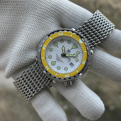 Steeldive SD1975N White Dial Yellow Bezel on Mesh Bracelet