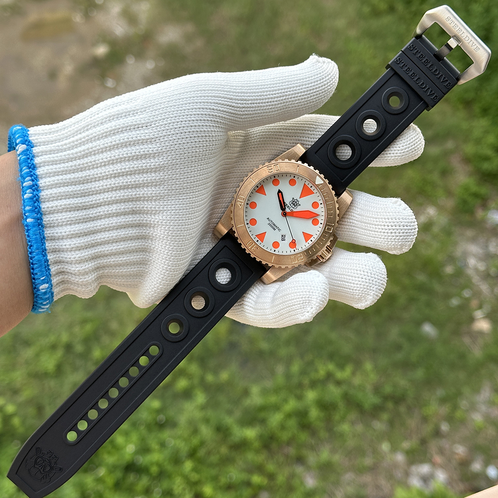 STEELDIVE Official SD1987S White Dial Orange Luminous 46.5MM Solid Bronze Case Sapphire Glass Mens NH35 Automatic Dive Watch